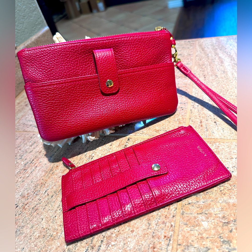 Lodis Red Leather Wristlet and Credit Card wallet Set